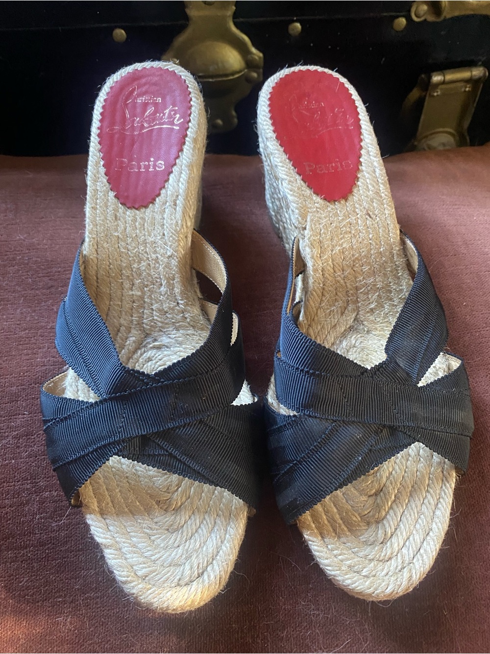 Christian Louboutin Black Espadrille Wedge Mules with Red Insole Detail